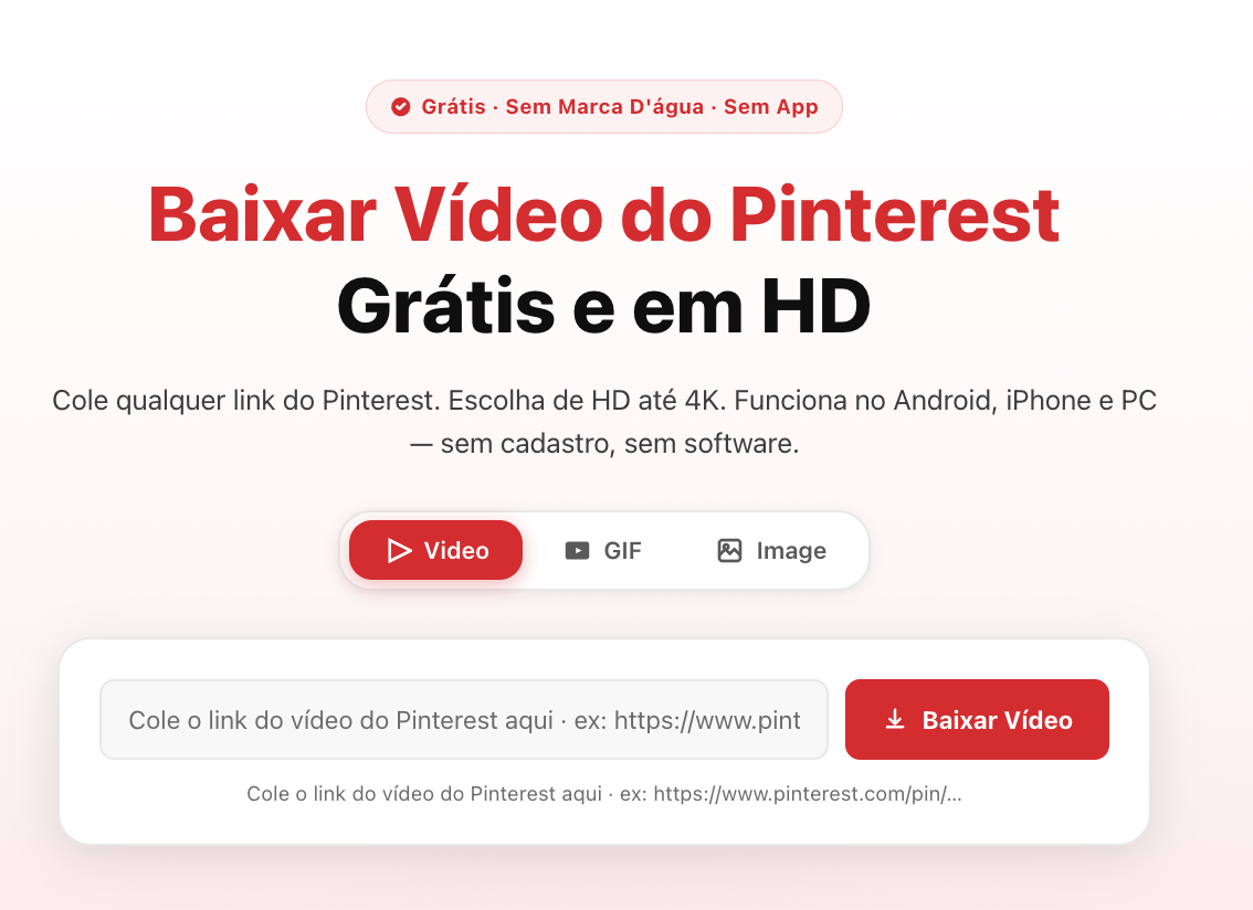 Tela do BaixarVideoPinterest.com com campo para colar link do Pinterest